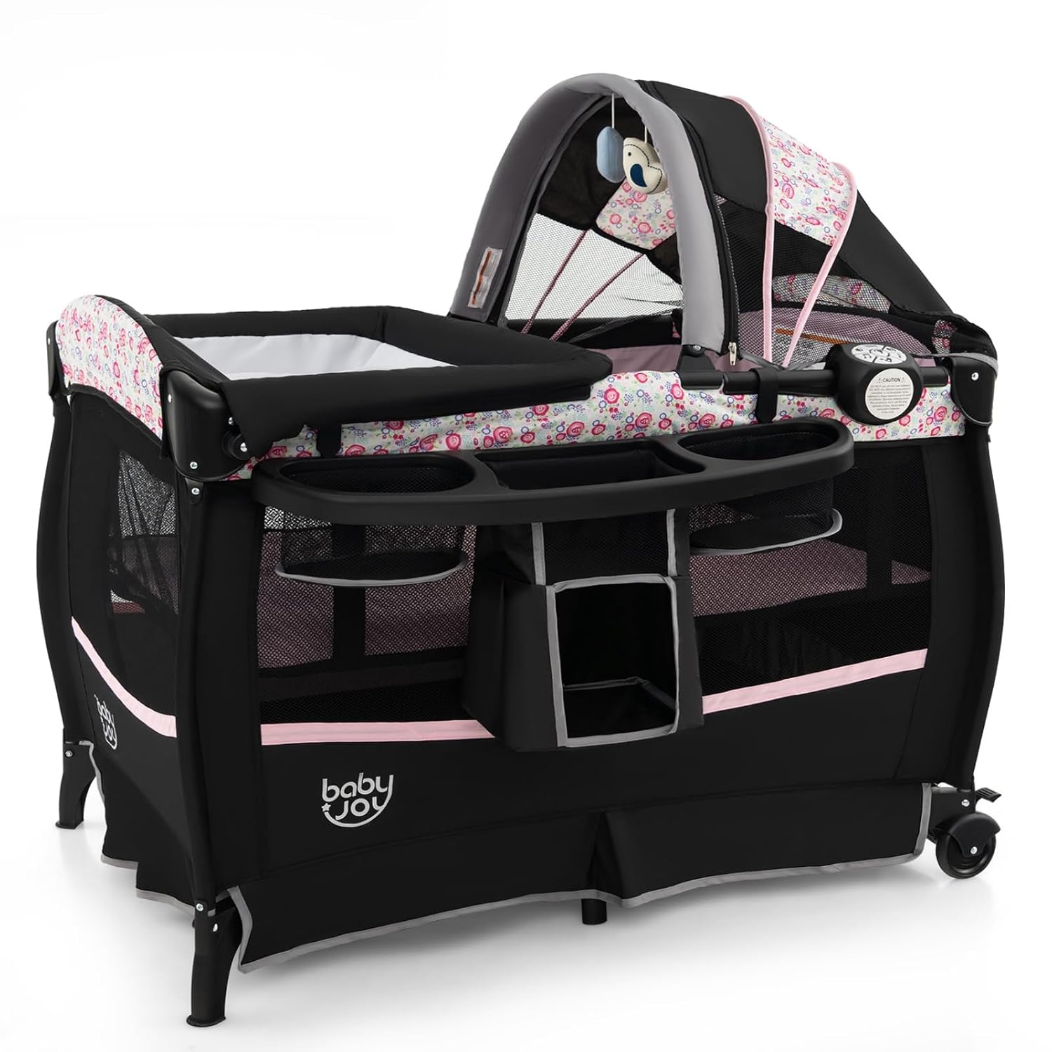 Corralito portátil 4 en 1 BABY JOY UP630S con moisés cambiador abatible toldo y caja de música negro flor rosa acero ale