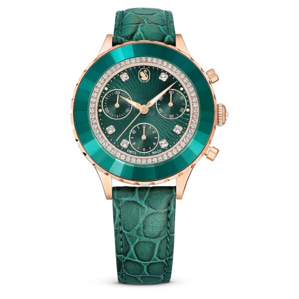 Reloj Swarovski Octea Chrono 5672931 Cronógrafo Esfera Verde Guilloché Caja Acero Inoxidable Acabado Oro Rosa Correa de