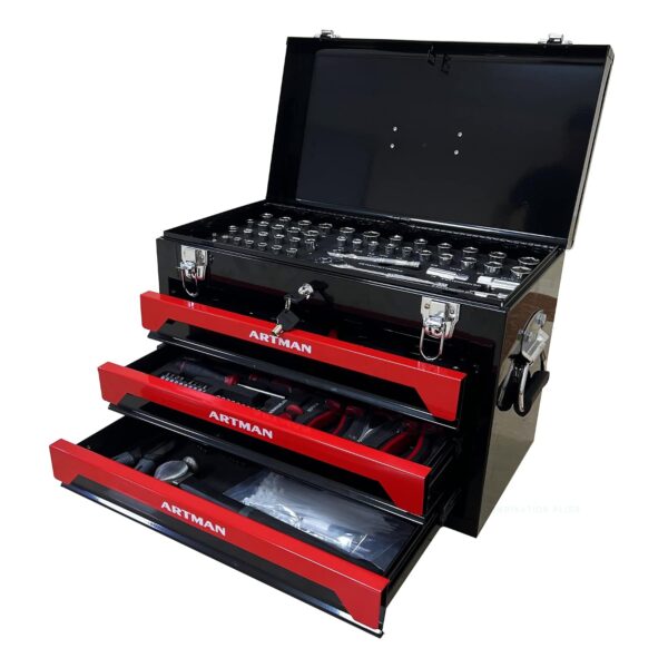 SPOFLYINN Caja de 3 cajones con juego de herramientas, tamaño único, negro+rojo
