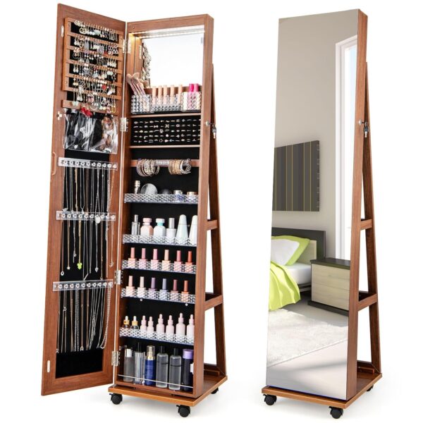 Armario Joyero Byroce GT-MA43100UI Giratorio 360 Grados con Espejo de Cuerpo Completo Luces LED 3 Colores Nogal
