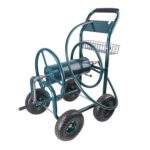 SPOFLYINN Carrete de manguera de jardín, carrito portátil de 4 ruedas con cesta de almacenamiento, soporte de manguera d