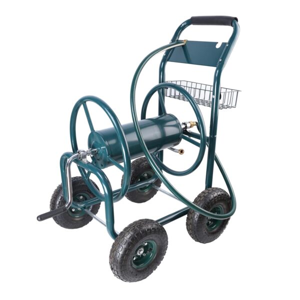 SPOFLYINN Carrete de manguera de jardín, carrito portátil de 4 ruedas con cesta de almacenamiento, soporte de manguera d