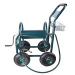 SPOFLYINN Carrete de manguera de jardín, carrito portátil de 4 ruedas con cesta de almacenamiento, soporte de manguera d