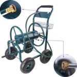SPOFLYINN Carrete de manguera de jardín, carrito portátil de 4 ruedas con cesta de almacenamiento, soporte de manguera d