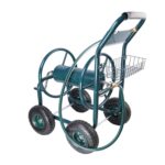 SPOFLYINN Carrete de manguera de jardín, carrito portátil de 4 ruedas con cesta de almacenamiento, soporte de manguera d