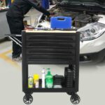 SPOFLYINN Caja de herramientas con ruedas de 4 cajones con estante ajustable, parte superior de madera, caja organizador