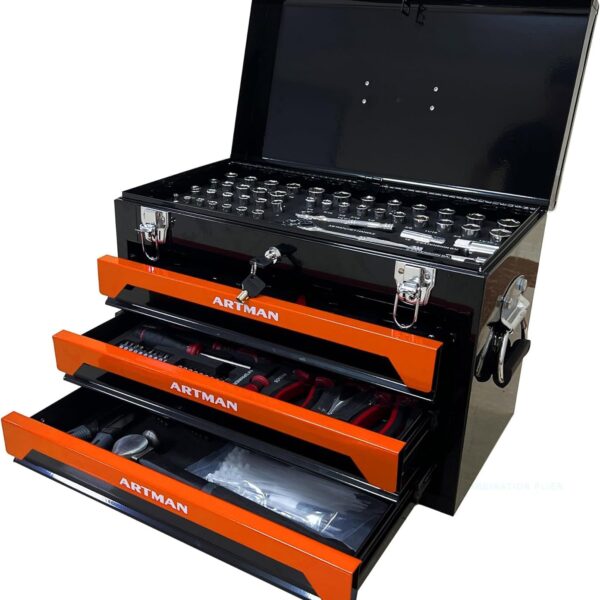 Caja de herramientas con juego de 3 cajones con rodamientos de bolas para tu garaje o taller, color negro y naranja