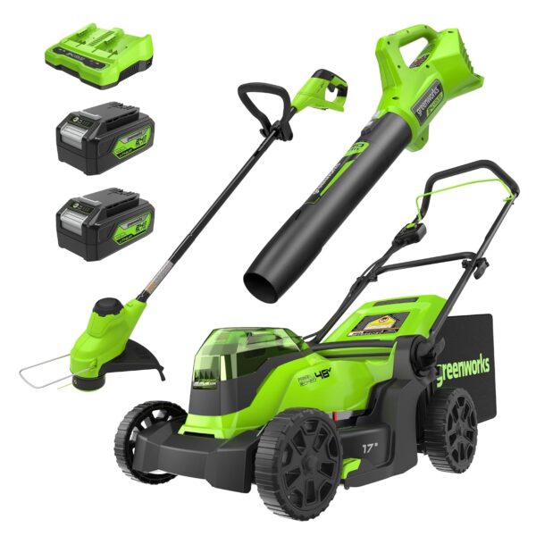 Kit Combo Cuidado de Césped Greenworks CK24L4222 48V Cortacésped 17 Pulgadas Recortadora 12 Pulgadas Soplador 320 CFM