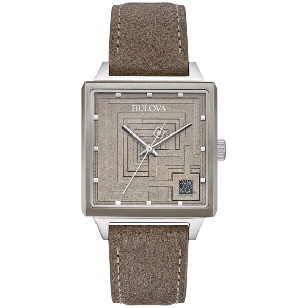 Reloj Bulova Frank Lloyd Wright Edición Limitada Ennis House Hombre Acero Inoxidable Correa de Cuero Gris 34 milímetros