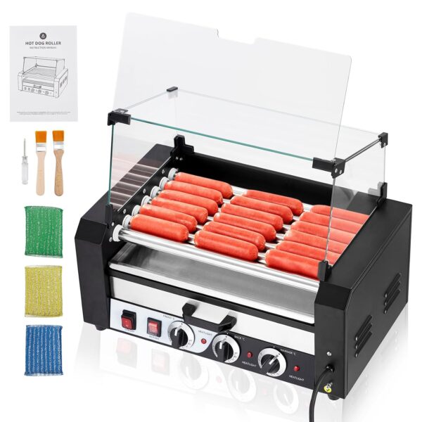Litake Rodillo para perros calientes, 7 rodillos, 18 perros calientes, capacidad de 1350 W, máquina de cocina de salchic