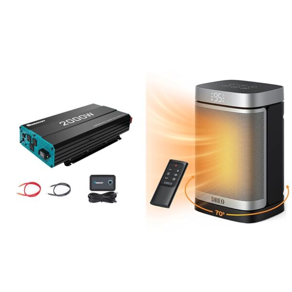 Inversor de Onda Sinusoidal Pura Renogy 2000W 12V CC a 120V CA y Calentador Dreo Atom One 1500W con Control Remoto