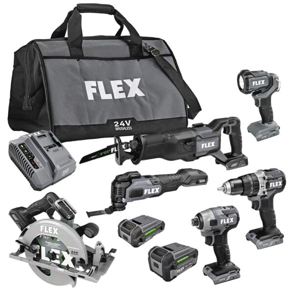FLEX Kit combinado de 6 herramientas inalámbricas sin escobillas de 24 V: taladro de martillo, destornillador de impacto