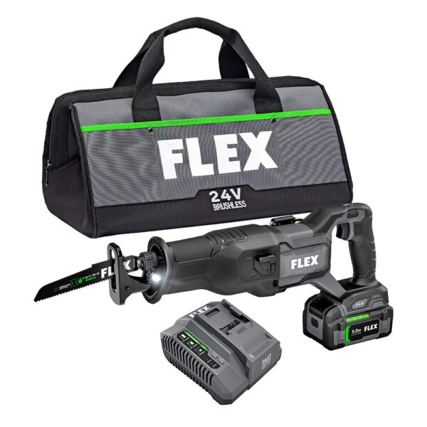Kit de sierra alternante inalámbrica sin escobillas FLEX de 24V con batería de litio de 5.0Ah y cargador rápido de 160W