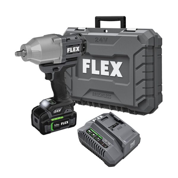 Llave de Impacto Inalámbrica FLEX FX1471-1C 24V 1/2 Pulgada 1150 Pies-Libras con Batería de Litio 5.0Ah y Cargador Rápid