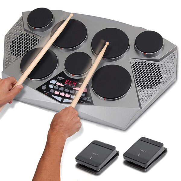 Pyle Kit de batería electrónica profesional – Batería eléctrica portátil de mesa con panel digital, 7 almohadillas de ba