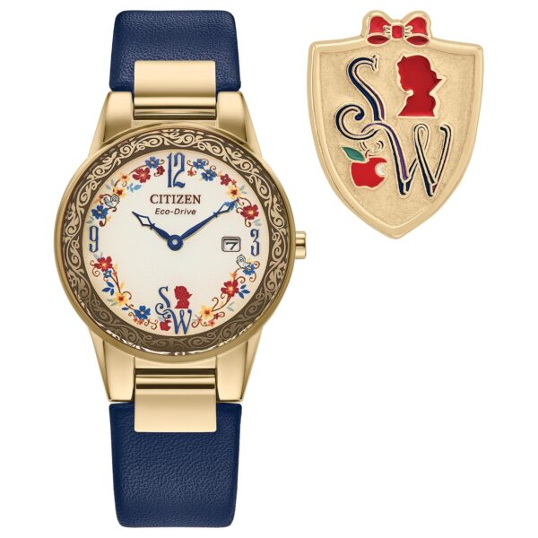 Reloj Citizen Eco-Drive Disney Princess Blancanieves Caja Acero Inoxidable Tono Dorado 29.5 Milímetros Correa Cuero Azul