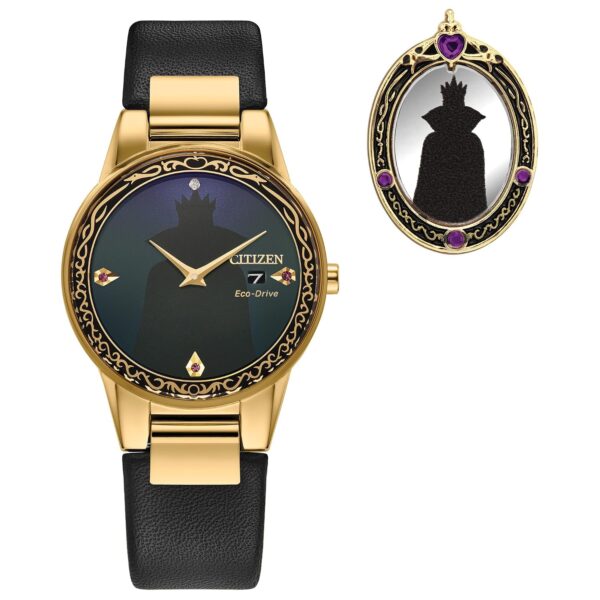 Reloj y Pin Citizen Eco-Drive Disney Villains Evil Queen GA1082-46W Acero Inoxidable Dorado Correa de Cuero Negro Esfera
