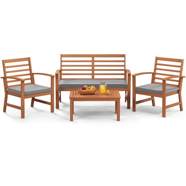 Juego de Muebles de Exterior Tangkula 4 Piezas Madera de Acacia Modelo 72078GR-HW Sofá Biplaza Sillas y Mesa Auxiliar Co