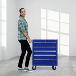 BouPower Caja de herramientas con ruedas de 5 cajones, caja de herramientas de bloqueo azul con cajones, armarios de her