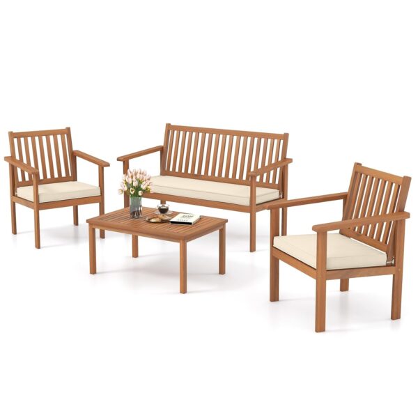 Juego de Muebles de Patio Tangkula patio set-72093-HW 4 Piezas Madera de Acacia Blanco Hueso con Sofá Biplaza 2 Sillas y