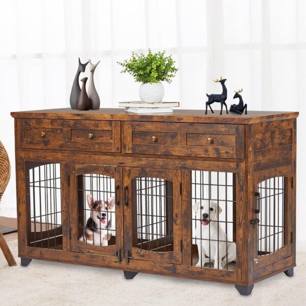 Mueble Jaula para Perros JoanKaren D57 con 2 Cajones y Divisor Extraíble 58 Pulgadas Marrón Rústico