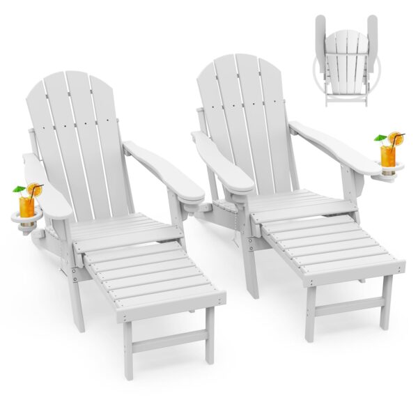 Silla Adirondack GreenVines GV-6 con Otomana Retráctil Juego de 2 Plegables Plástico HDPE Blanco