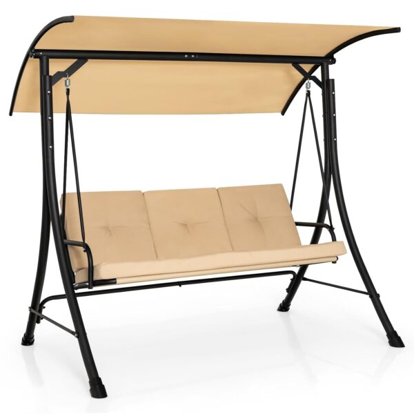 Columpio de Porche HAPPYGRILL HG2511 3 Asientos Toldo Ajustable Marco de Metal Capacidad 800 Libras Color Beige