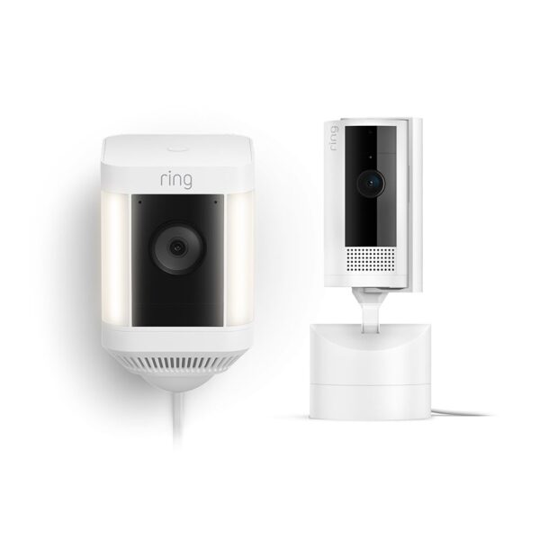 Paquete Ring Pan-Tilt Indoor Cam Blanco y Ring Spotlight Cam Plus Plug-In Blanco Video HD Visión Nocturna a Color