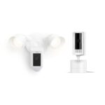 Paquete Ring Pan Tilt Indoor Cam Blanco y Ring Floodlight Cam Wired Plus Blanco