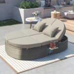Sofá Cama Merax para Exteriores 2 Personas Ratán Gris con Cojines Almohadas Respaldos Ajustables y Bandejas Plegables