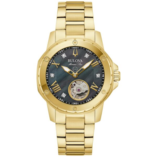 Reloj Bulova Estrella Marina 97P171 Automático Caja Acero Inoxidable Dorado 35mm Esfera Negra de Nácar