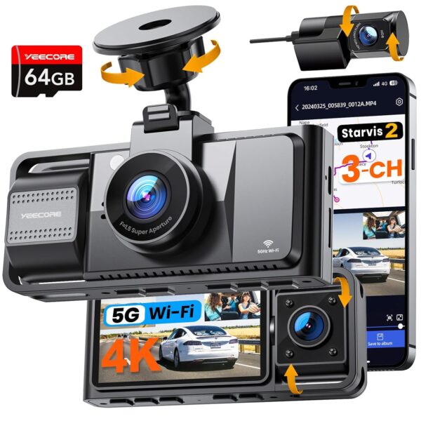 Cámara de tablero YEECORE D53 4K 3 canales Sensor Sony STARVIS 2 HDR GPS Wi-Fi 64GB incluida Visión nocturna IR