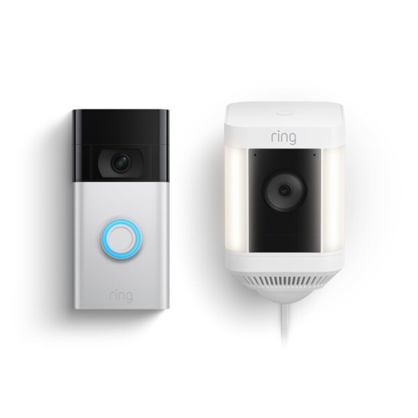 Kit Ring Video Doorbell Níquel Satinado con Spotlight Cam Plus Plug-In Blanco