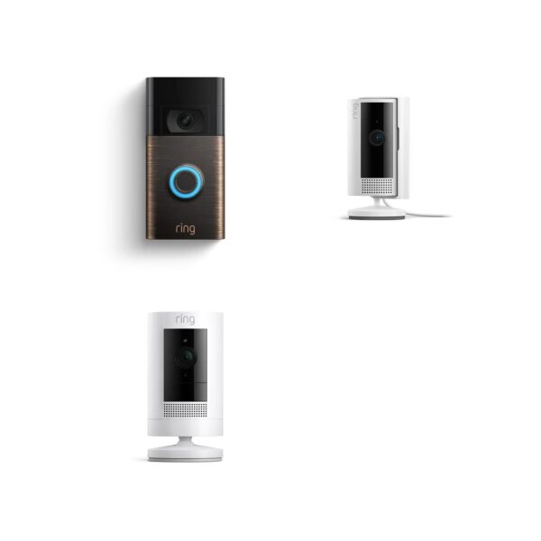 Kit de Videoportero Ring Video Doorbell con Ring Stick Up Cam Battery y Ring Indoor Cam Blanco