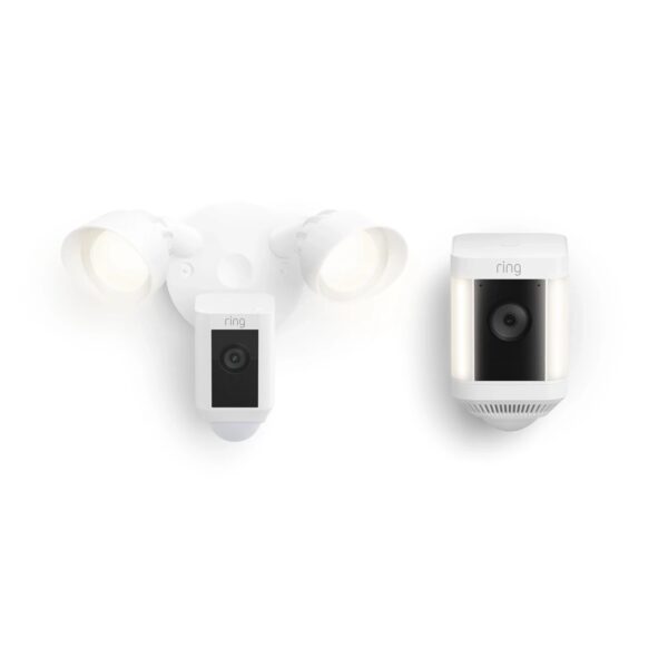 Paquete Ring Floodlight Cam Plus y Ring Spotlight Cam Plus Battery Blanco