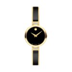 Reloj Movado Moda para Mujer 0607716 Caja de Acero Inoxidable con Acabado PVD Amarillo Esfera Negra Museum con Diamantes
