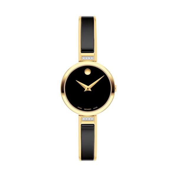 Reloj Movado Moda para Mujer 0607716 Caja de Acero Inoxidable con Acabado PVD Amarillo Esfera Negra Museum con Diamantes