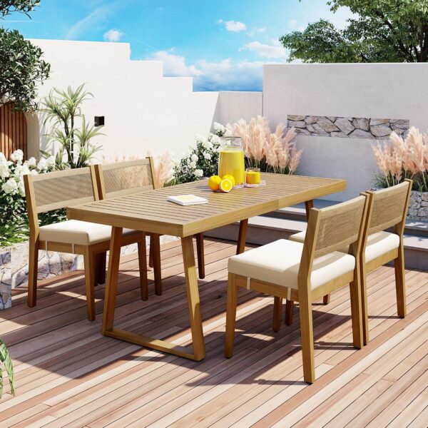 Juego de Mesa de Comedor Merax ZXJ034 Madera de Acacia para 4 Personas con Cojines y Respaldo de Cuerda de Yute Color Be