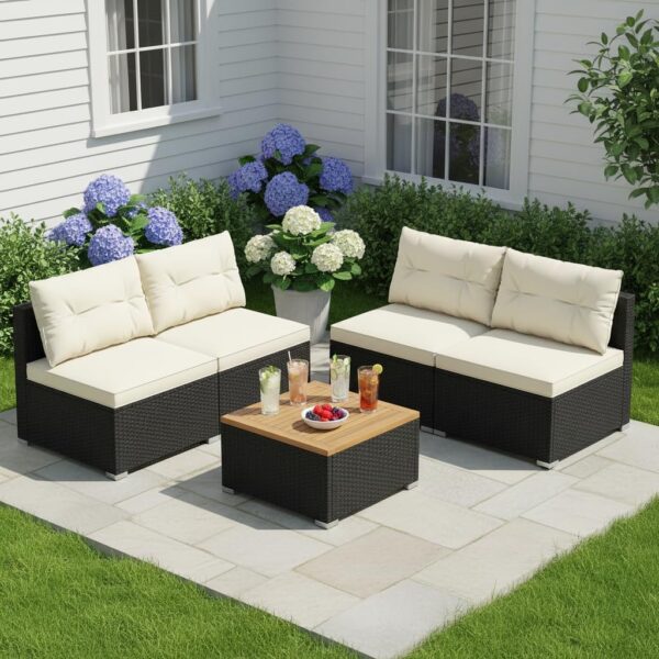Juego de Muebles de Mimbre para Patio Tangkula 721367-WH 5 Piezas Ratán PE Negro con Mesa de Madera de Acacia