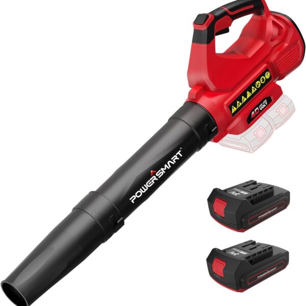 Soplador de Hojas Inalámbrico PowerSmart DB2201B 40V 450 CFM 130 MPH Rojo con 2 Baterías de 2.0 Ah y Cargadores