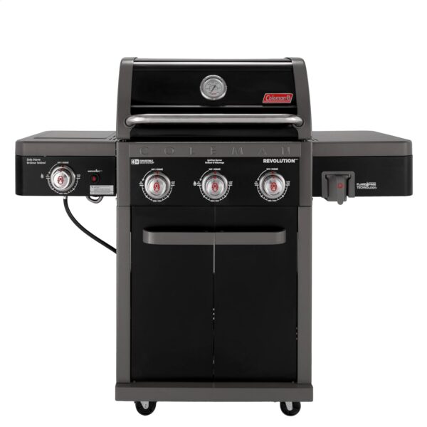 Parrilla de Gas Coleman Revolution RV-301BBQ 3 Quemadores 45000 BTU Quemador Lateral 650 Pulgadas Cuadradas Negro