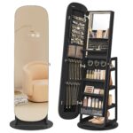 Gabinete de Joyería SONGMICS UJJC036B01 LED Giratorio 360 Grados con Espejo de Cuerpo Entero y Cerradura Color Negro Tin
