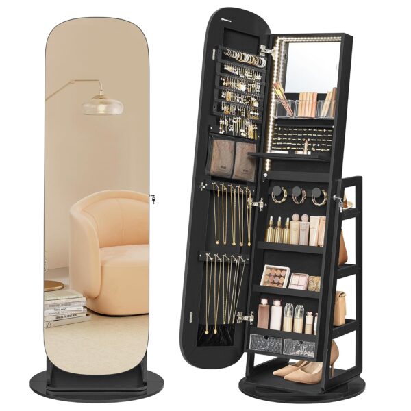 Gabinete de Joyería SONGMICS UJJC036B01 LED Giratorio 360 Grados con Espejo de Cuerpo Entero y Cerradura Color Negro Tin