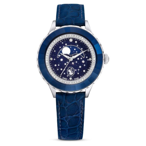 Reloj Swarovski Octea Moon 5677494 Correa de Piel Azul Caja de Acero Inoxidable 37 mm