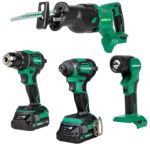 Metabo HPT Taladro Percutor Inalámbrico MultiVolt™ de 18V, Destornillador de Impacto, Sierra Recíproca, y Linterna Kit C
