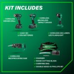 Metabo HPT Taladro Percutor Inalámbrico MultiVolt™ de 18V, Destornillador de Impacto, Sierra Recíproca, y Linterna Kit C