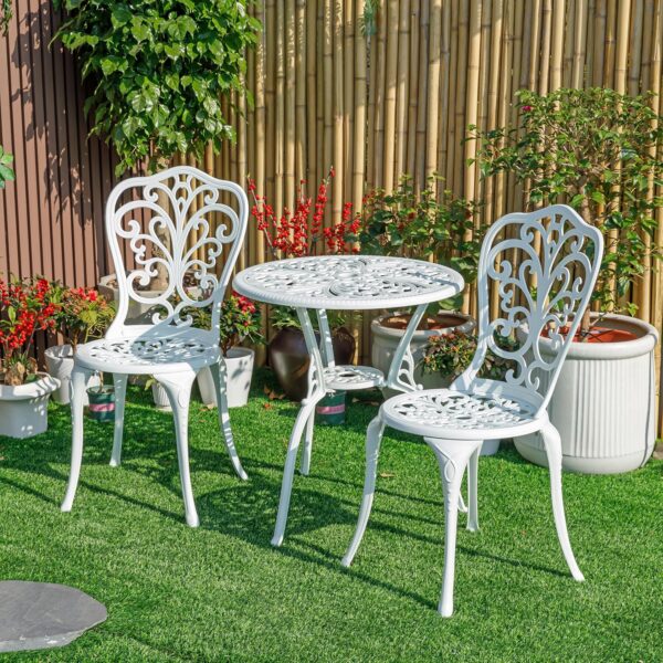 Juego de Bistró Hi-Line Gift Ltd. 78658-B-WT Aluminio Fundido Blanco 3 Piezas Mesa Redonda y 2 Sillas