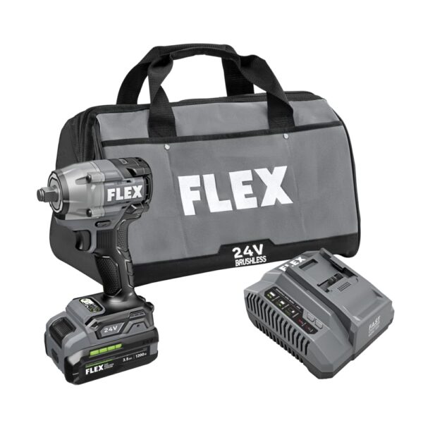 Kit de Llave de Impacto Compacta FLEX FX1431-1F 1/2 Pulgada 450 Pies-Libras 24 Voltios con Batería de Litio Apilada 3.5