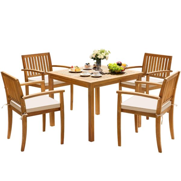 Juego de Comedor de Patio Greesum LCW 5 Piezas Madera de Acacia Mesa Cuadrada y 4 Sillas Color Blanco