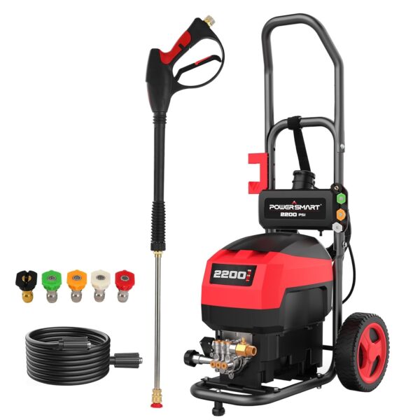 Lavadora a Presión Eléctrica PowerSmart DB1001 2200 PSI 2 GPM con Tanque de Jabón Varita de Metal y 5 Boquillas